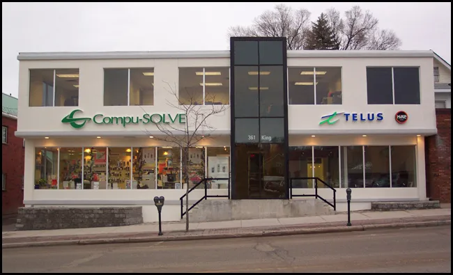 Compu-SOLVE and TELUS storefront on King Street in Midland, Ontario
