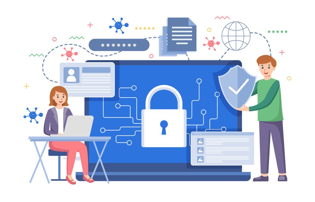 Decorative graphic depicting two characters show casing different methods of cyber security